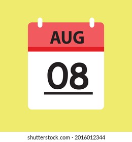 Calendar - 8. August - Symbol einzeln auf Vektorsymbol flach, rot und weiß