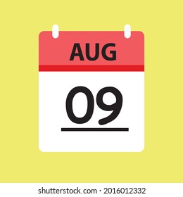 Calendar - August 9 icon illustration isolated vector sign symbol flat design red and white