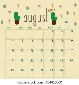 calendar august, cactus, candy vector