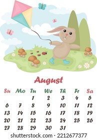 Calendar August. Rabbit with a kite. Cute summer illustration with a cartoon rabbit running with a kite, in a field with mushrooms and berries. Vector illustration