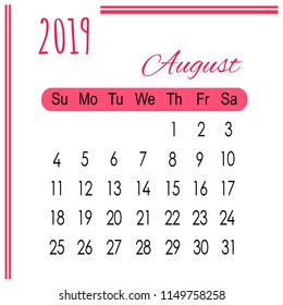 Calendar August red 2019 on white background