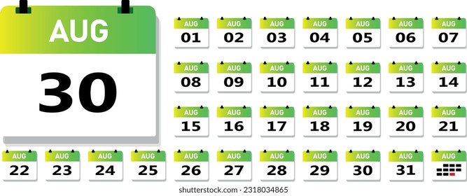 Calendar for August. Universal for any year. Calendar icon with tear-off pages. Yellow and green with gradient, white and gray colors. Vector illustration.