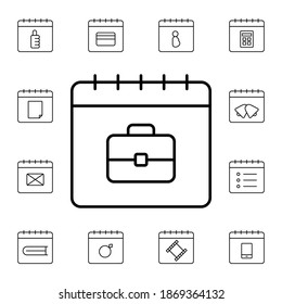 Calendario, icono del vector plano de bolsa en el paquete de calendario