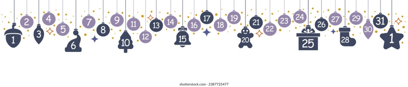 Calendar banner of december with numbers, stars, Christmas balls and toys, Christmas baubles for countdown including Advent, Christmas, the pre-New Year period and the New Year day - stock vector
