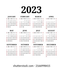 Calendar basis 2023. Week starts on Sunday. English template