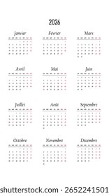 Calendar of Belgium 2026 in french language with holidays of Belgium. Vector illustration. Week start on monday