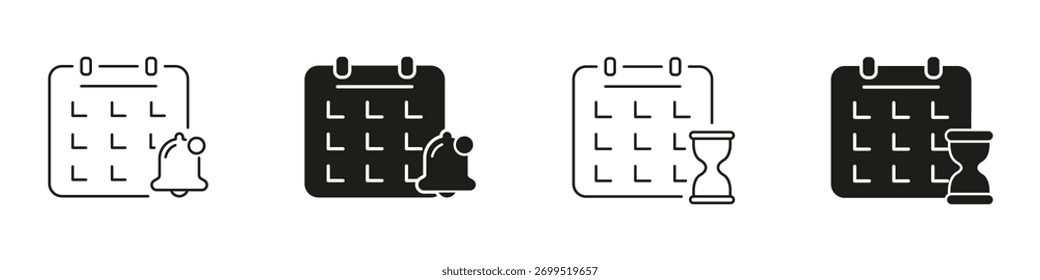 Calendario Con Campana Y Reloj De Arena Conjunto De Iconos Sólidos. Recordatorio De Eventos, Gestión De Plazos Y Colección De Símbolos De Silueta De Seguimiento De Tiempo. Planificación De Horarios Y Sistema De Alerta. Ilustración vectorial aislada.