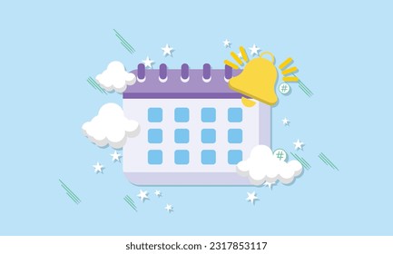 Kalender mit Bell-Benachrichtigung. Erinnerung an Ereignisse. Minimales kreatives Design. Weißes Papier mit leerem Kopienraum für Text oder Datum. Plankonzept. Cartoon-Symbol.