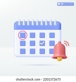 Calendar with Bell notification icon symbols. event, business planning, reminder concept. 3D vector isolated illustration design. Cartoon pastel Minimal style. You can used for design ux, ui, print ad