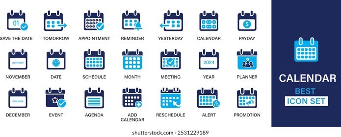 Calendar best solid icon set collection. Save the date, November, December, event, add calendar, alert and vector illustration.