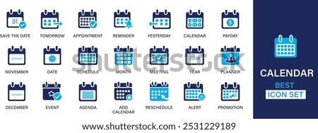 Calendar best solid icon set collection. Save the date, November, December, event, add calendar, alert and vector illustration.