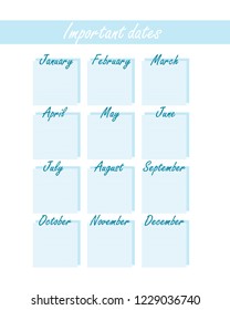 calendar with birthdays and other events in a minimalist form. Universal blue stylish calendar of important dates.