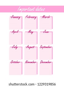 calendar with birthdays and other events in a minimalist form. Universal pink stylish calendar of important dates.