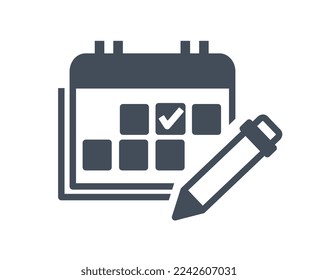Calendar black and white icon. Time planner, notification, pencil silhouette with check mark. Poster or banner for website. Creativity and art. Logotype and branding. Cartoon flat vector illustration