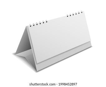 Calendar blank mockup. Desktop office clean realistic organizer with spiral and white paper pages. Empty office stationery angle view. Branding identity design Vector 3d isolated illustration