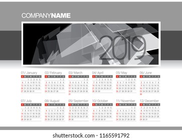 Calendar blank template for 2019 year. Vector illustration.