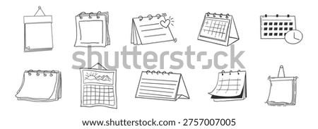 Calendar blank template in doodle style, sketch hand drawn clip art for planning, diary, sticker. Hanging line schedule planner. Reminder and calendar with a check.