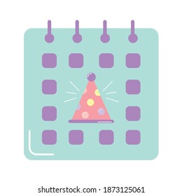 calendar of a blue color with one party hat in the middle on white background vector illustration design