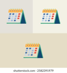 A calendar with a blue and green base and red and blue squares. The calendar is in a white background