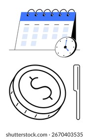 Kalender mit blauer Kopfzeile, Uhr mit Zeitangabe, Münze mit Dollarzeichen und vertikalem Stift. Ideal für Finanzplanung, Budgetierung, Zeitmanagement, Terminplanung, Deadlines, Investitionsnachverfolgung von Vermögenswerten