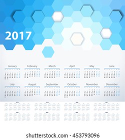 calendar with blue hexagons in 2017 - 2025 year, beginning with Monday