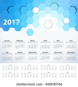 calendar with blue hexagons in 2017 - 2025 year, beginning with Sunday