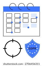 Calendario con reflejos azules, una marca de destino y un escudo GDPR. Ideal para la protección de datos, cumplimiento, programación, planificación, políticas de privacidad, seguimiento de plazos y temas de seguridad. Metáfora de línea