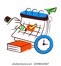 Calendario con el libro y el reloj, icono del horario de estudio