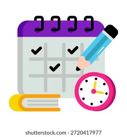 Calendario y libro con reloj, icono de horario de estudio 
