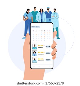 Calendar with booking doctors in online clinic. Specialists are ready to help via smartphone. Flat vector illustration. Medical poster, remote consult from home. Adult male, female cartoon characters