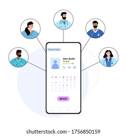 Calendar with booking doctors in online clinic. Specialists are ready to help via smartphone. Flat vector illustration. Medical poster, remote consult from home. Adult male, female cartoon characters