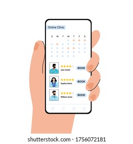 Calendar with booking and profiles of doctors in online clinic. Specialists are ready to help via phone. Flat vector illustration. Medical poster, remote consult. Adult male, female cartoon characters