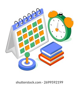 Kalender und Bücher mit Uhr, Illustration des Studienplans 