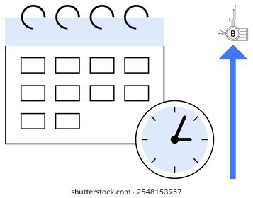 Calendar with boxes and a clock next to a rising arrow and Bitcoin symbol. Ideal for digital finance, cryptocurrency trends, investment schedules, financial planning, and time management. Simple