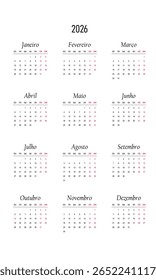 Calendar of Brazil 2026 in portuguese language with holidays of Brazil. Vector illustration. Week start on monday