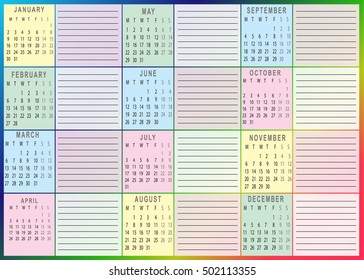 Calendar with bright spectrum of colors and table for important dates