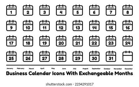 Calendar Business Icons Set - Flat Black Vector Illustrations Isolated On White Background