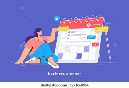 Calendar business planning and daily schedule. Flat vector illustration of cute woman sitting near a big personal calendar and pointing to working plan and choosing an event to share with colleagues