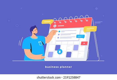 Calendar business planning and daily schedule. Flat vector illustration of cute man standing near a big personal calendar and pointing to working plan and choosing an event to share with colleagues