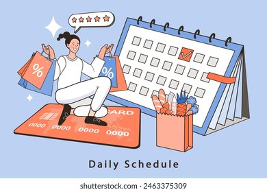 Calendar business planning and daily schedule outline. shopping bag. Credit card and paper bag. High season holiday shopping, black friday or monthly special offer. Online paying. Vector