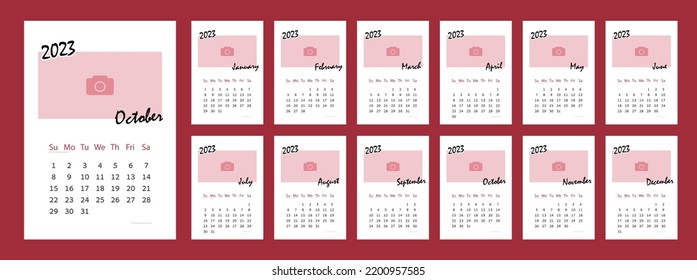 calendar for business red color. Monthly calendar for 2023 year. Vector template with place for photo. Simple design wall or desktop calendar. Week Starts Sunday.