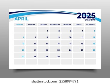 Calendar business template April 2025 horizontal page layout style business template design.starting for sunday