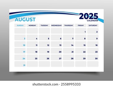 Calendar business template August 2025 horizontal page layout style business template design.starting for sunday