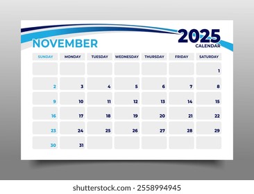 Calendar business template November 2025 horizontal page layout style business template design.starting for sunday