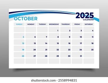 Calendar business template October 2025 horizontal page layout style business template design.starting for sunday