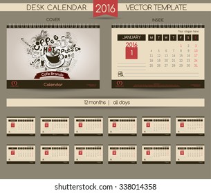 Calendar for the Cafe & Restaurant. Coffee cups, sugar, sweets, coffee beans & lettering types of coffee. Hand drawing elements.