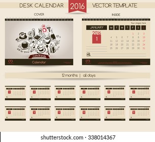 Calendar for the Cafe & Restaurant. Coffee cups, sugar, sweets, coffee beans & lettering types of coffee. Hand drawing elements.