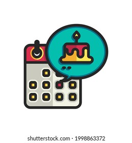Calendar with cake filled outline icons. Vector illustration. Editable stroke. Isolated icon suitable for web, infographics, interface and apps.