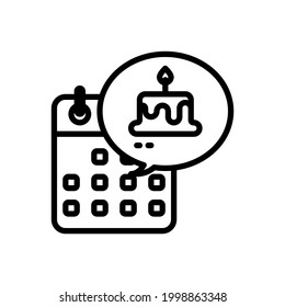 Calendar with cake outline icons. Vector illustration. Editable stroke. Isolated icon suitable for web, infographics, interface and apps.