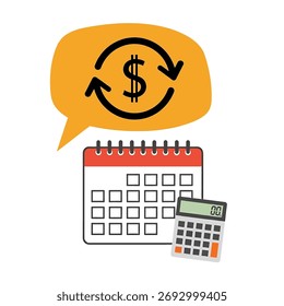 Um calendário e uma calculadora abaixo de um balão de fala com um cifrão e setas, simbolizando pagamentos recorrentes, orçamento e planejamento financeiro.